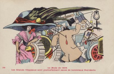 大きな帽子と関連する帽子のピンの危険を風刺するポストカード-1909年のファッション 作： Xavier Sager