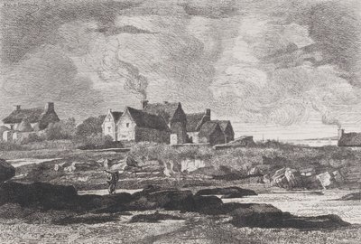 右手に川が流れ、背景に家々がある田舎の風景 1845-75年 作： Xavier de Dananche