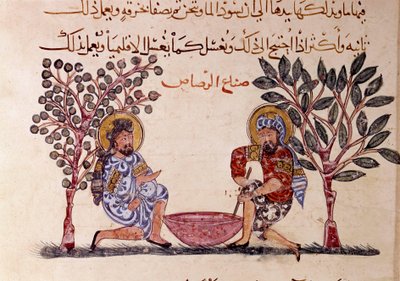 アラブの詩人Abu Mohammed al-Kasim ibn Ali Hariri (or Al-Hariri or Al Hariri) (1054-1122)による11世紀のピカレスク詩「Maqamat（降霊）」の鉛のページの作成。 作： Yahya ibn Mahmud Al Wasiti