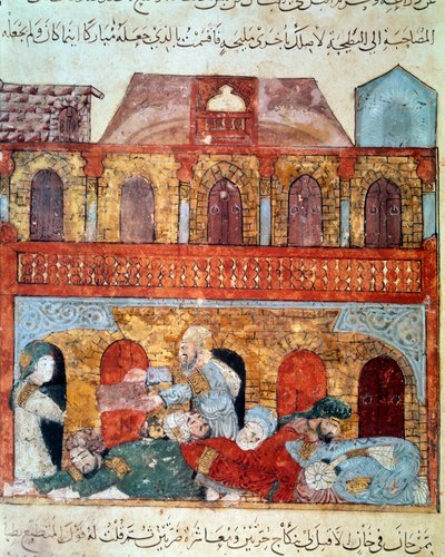 放浪する航海士アブ・ザイード（アブ・ザイード、Abu Zayd）と眠る商人たち Miniature taken from the "Maqamat" (Seances) by Abu Mohammed al-Kasim ibn Ali Hariri (or Al-Hariri or Al Hariri) (1054-1122) enlumined by Yahya Mahmud al-Wasiti (al-Wasiti) in. 作： Yahya ibn Mahmud Al Wasiti