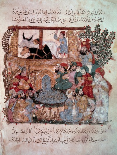 1237年にヤヒヤ・マフムード・アル＝ワシティ（al-Wasiti）が盛り上げたアブ・モハメド・アル＝カシム・イブン・アリ・ハリリ（またはアル＝ハリリまたはアル＝ハリリ）（1054-1122）の「Maqamat」（降霊術）のミニチュア・リスナーの前にいる放浪の航海士アブ＝ザイード（Abu Zayd, Abu Zayd）。 作： Yahya ibn Mahmud Al Wasiti