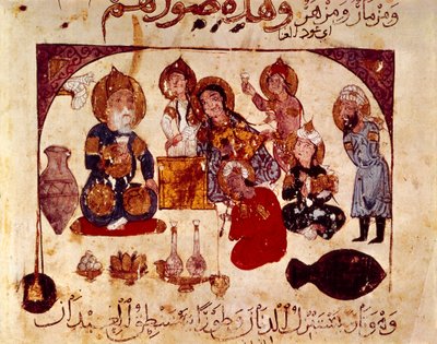 ハナの酒場でのアブー・ザイード（『Maqamat（Sayings）』（ms. 3929, fol. 34v）の細密画 作： Yahya ibn Mahmud Al Wasiti