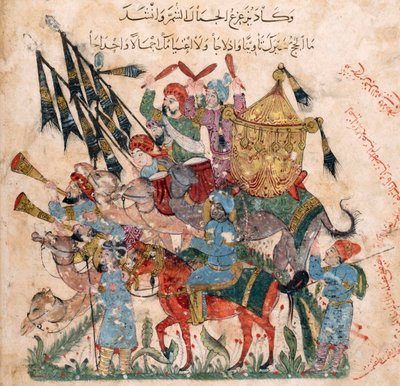 1237年、ハレーのマカーマトの原稿からのラムレーの巡礼者のキャラバン 作： Yahya ibn Mahmud Al Wasiti