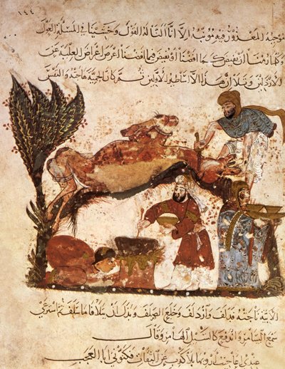 Ms Ar 5847 f.61、Al MaqamatからAl Hariri、c.1240（ベラムのガッシュ） 作： Yahya ibn Mahmud Al Wasiti