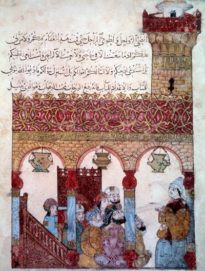 バスラのモスクにいる放浪の航海者アブ・ザイード（Abu Zayd, Abu Zayd） バスラのモスクにいるアブ・モハメッド・アル・カシム・イブン・アリ・ハリリ（またはアル・ハリリまたはアル・ハリリ）（1054-1122）の「Maqamat」（降霊術）からのミニチュア ヤヒヤ・マフムード・アル・ワソド・イティ（al W 作： Yahya ibn Mahmud Al Wasiti