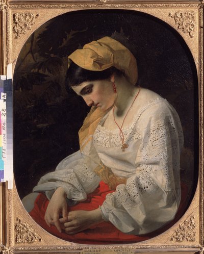 若い花嫁（A Bride）。 諦めた表情の悲しい若い女性の横顔の肖像画。 Yakov Fyodorovich Kapkov (1816-1854) の絵画、キャンバスに油彩 作： Yakov Fyodorovich Kapkov