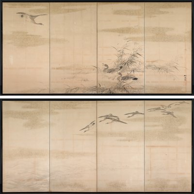 ガチョウ、葦、水 作： Yamamoto Baiitsu