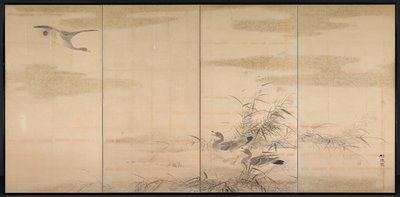 ガチョウ、葦、水、1800年代。 作： Yamamoto Baiitsu