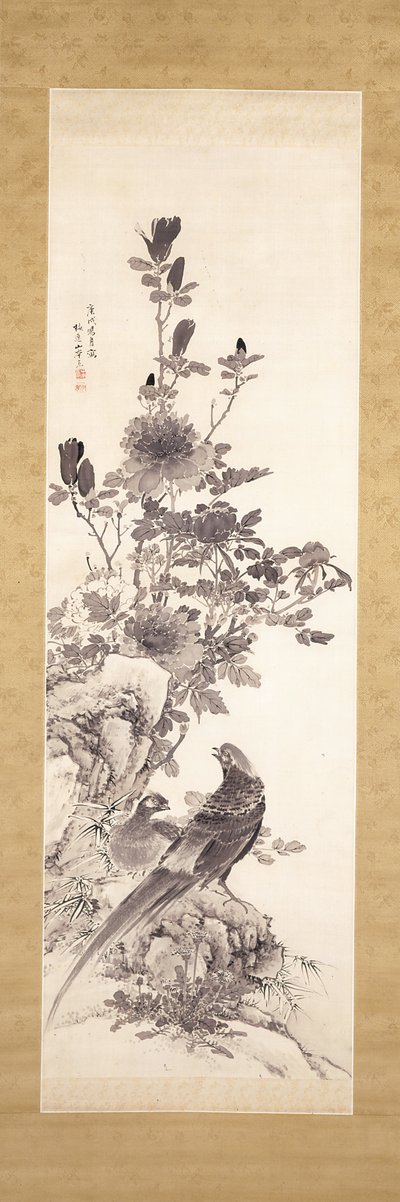 牡丹と金のキジ（シルクにインク） 作： Yamamoto Baiitsu