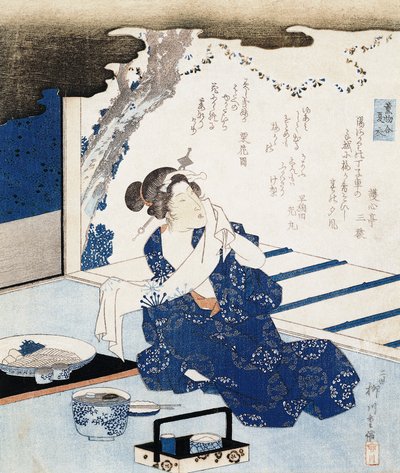 浴衣を着た花魁、壁パネルには詩が描かれている 作： Yanagawa II Shigenobu