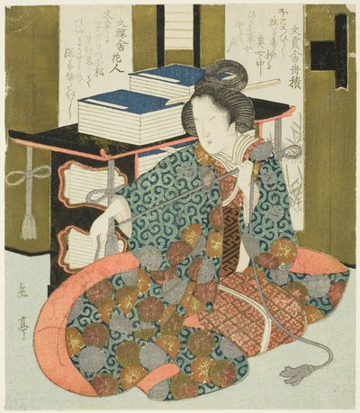 「葛飾倶楽部七冊組」より 車輪付き書箱のひもを引く女 作： Yashima Gakutei