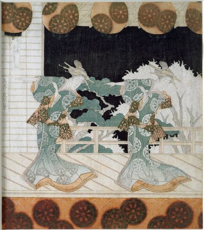 伝統的な衣装を身にまとった踊り子が登場する場面 日本の版画「摺物」 矢島学亭（1786-1868） 1822年 個人蔵 作： Yashima Gakutei