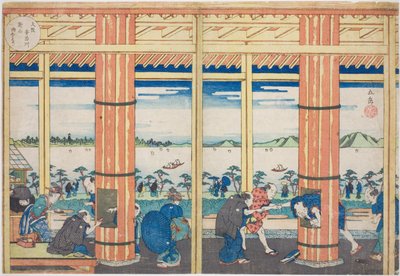 The Rain Shelter at Nii Hill by the Aji River, Osaka (Osaka Ajigawa Niiyama amayadori), from the series "Famous Places in Osaka: Fine Views of Mount Tenpo (Naniwa meisho Tenpozan shokei ichiran)" 作： Yashima Gakutei