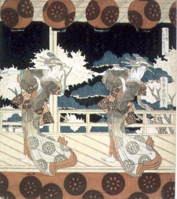 二人の踊り子が舞台に立つ『古市の踊り』（久方屋グループ）シリーズより 1822年頃（墨絵 作： Yashima Gakutei