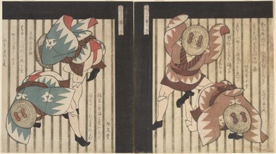 茶色の外套を着た二人の男、茶色のリボンの付いた麦わら帽子も 作： 八島学亭