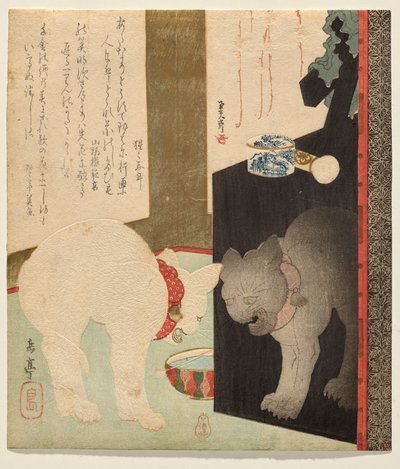 漆箪笥に映る白猫 作： Yashima Gakutei