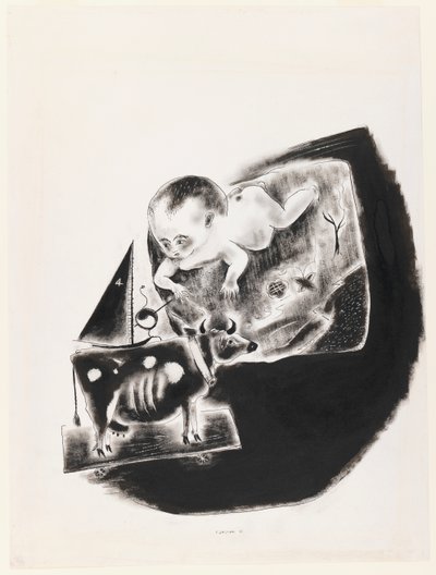 牛の赤ちゃんとおもちゃ 作： Yasuo Kuniyoshi