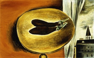 ナスと街並みの静物画 作： Yasuo Kuniyoshi