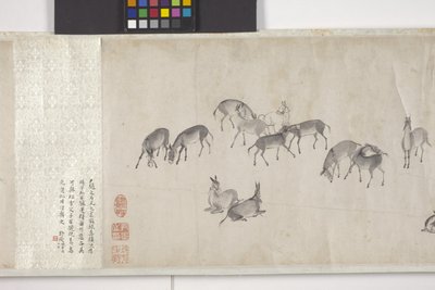穀物を運ぶ100頭のロバ、手巻、1700年頃（紙にインク） 作： Ye Yin