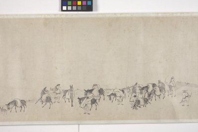穀物を運ぶ100頭のロバ、手巻、1700年頃（紙にインク） 作： Ye Yin