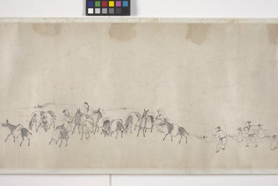 穀物を運ぶ100頭のロバ、手巻、1700年頃（紙にインク） 作： Ye Yin