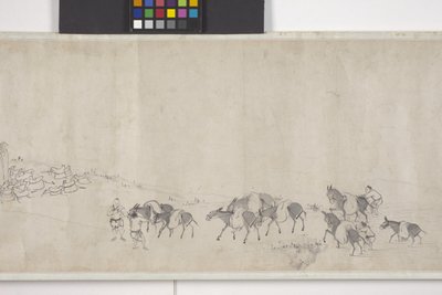 穀物を運ぶ100頭のロバ、手巻、1700年頃（紙にインク） 作： Ye Yin