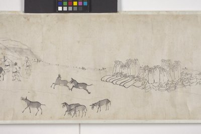 穀物を運ぶ100頭のロバ、手巻、1700年頃（紙にインク） 作： Ye Yin