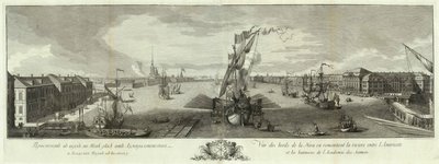海軍本部と科学アカデミーの本からネヴァ川下流の眺め、1753 年、サンクトペテルブルクの 50 周年記念 作： Yefim Grigoryevich Vinogradov