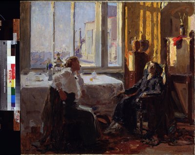 アーティストのスタジオで。 Yefim Mikhailovich Cheptov (1875-1950) による絵画。 キャンバスに油彩 作： Yefim Mikhailovich Tcheptov