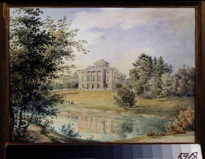 パブロフスク宮殿 (サンクトペテルブルク) の眺め。 (パブロフスク宮殿の眺め)。 1782 年から 1786 年にかけて、建築家チャールズ キャメロンによって建てられました。 Yegor Yegorovich Meier (1822-1867) の作品、紙に水彩 作： Yegor Yegorovich Meier
