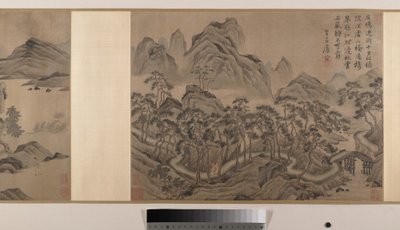 風景（アルバムリーフ8枚をハンドスクロールとしてマウント；絹本にインクと彩色） 作： Yin Tang