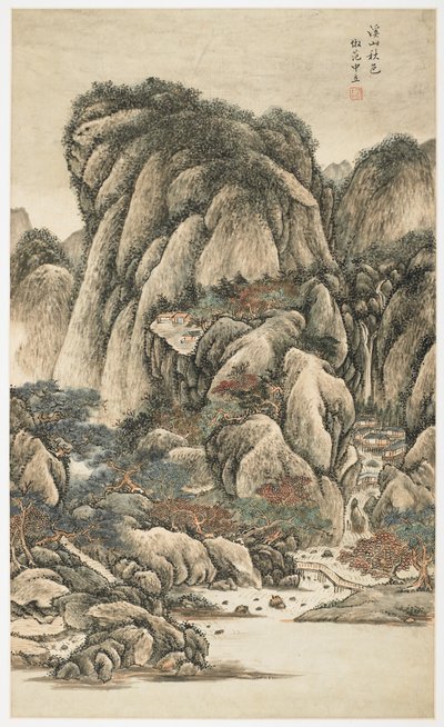小川と山の紅葉、12 枚の葉のアルバムから 作： Yongxi Jin