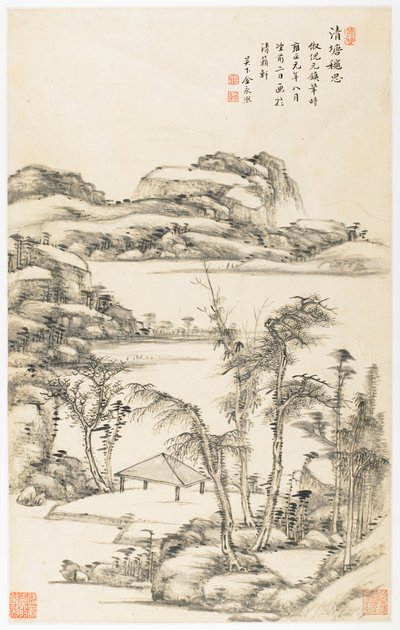 12枚の葉のアルバムからのきれいな池での秋の熟考 作： Yongxi Jin