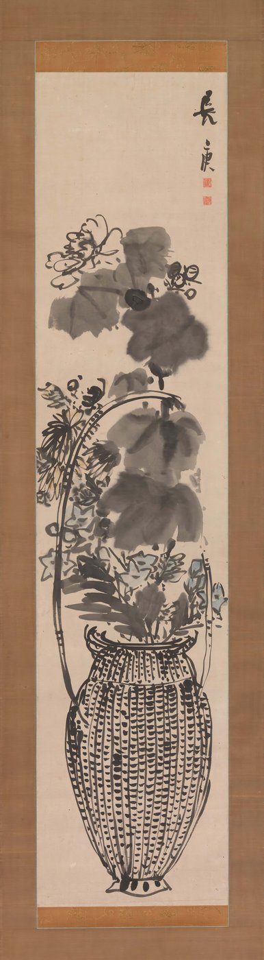 竹かごの中の秋の花、1760 年代。 作： Yosa Buson