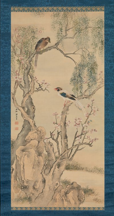 柳と開花桃の木の鳥。 作： Yosa Buson