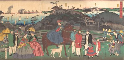 神奈川の名所権現山を訪れる外国人、1861年2月。 作： Yoshikazu