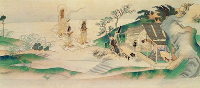 阿弥陀如来と菩薩二人が法然僧侶を訪ねる（b.1132）、イラストは1902年3月に雑誌トッカに掲載 作： Yoshimitsu Tosa