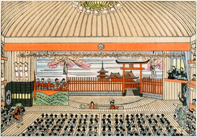 日本の伝統的な劇場: 東京の主要な劇場である歌舞伎座の舞台で、回転台があります。 作： Yoshimune Arai