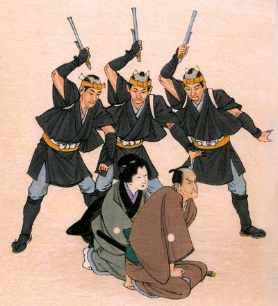 日本の伝統演劇: 3 人の武士が男性キャラクターと女性キャラクターを脅かす 作： Yoshimune Arai