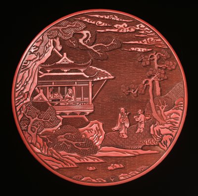 円形彫刻辰砂箱とカバー（漆木材）（272180と272181も参照） 作： Yuan Dynasty Chinese School