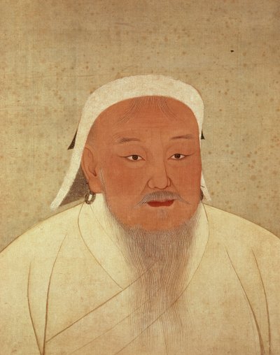 ジンギスカン（c.1162-1227）の肖像、モンゴルカーン、元王朝の創設者である元、中国を偉大なモンゴル帝国（1260-1368）の中心にした（シルクとシルクの柄のインクとインク） 作： Yuan Dynasty Chinese School