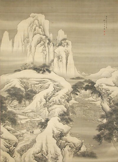 1745年のスノーウィーマウンテンズの旅館と旅行者。 作： Yuan Yao
