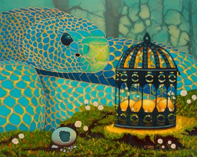 青い蛇と光る卵、2023年（木板に油彩） 作： Yue Zeng