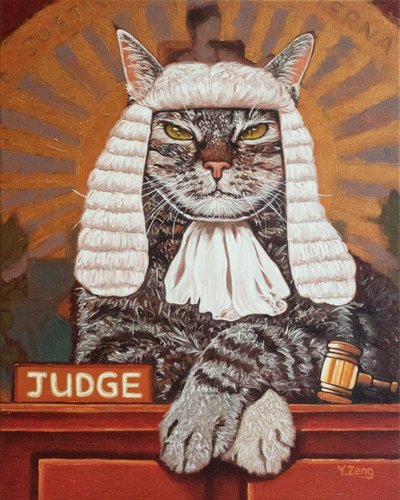 キャット・ジャッジ、2023年（ミクストメディア、ウッドボード） 作： Yue Zeng