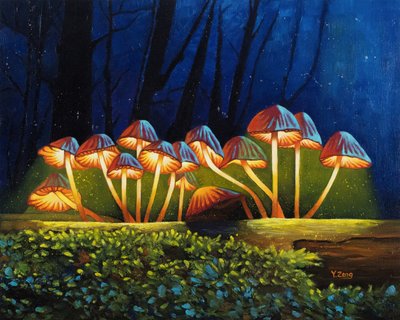 夜光に光るキノコ、2023年（キャンバスに油彩） 作： Yue Zeng