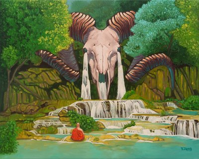 Ram skull waterfall, 2023（キャンバスに油彩） 作： Yue Zeng