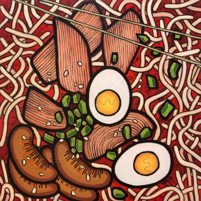ラーメンチキン、2023年（ミクストメディア、ウッドボード） 作： Yue Zeng