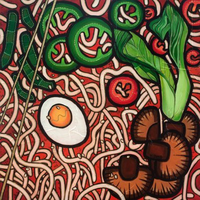 ラーメン野菜、2023年（ミクストメディア、ウッドボード） 作： Yue Zeng