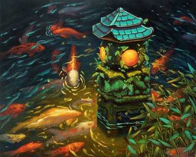 鯉と石灯籠、2023年（キャンバスに油彩） 作： Yue Zeng