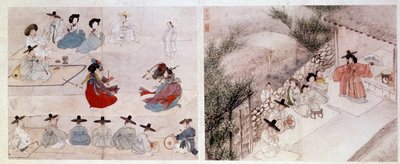 Art coreen: 日常の女戦闘シーン。 シン・ユン・ボク (またはヘウォンが 1758 年に行った) の版画。 18世紀か19世紀。 亨弼全集 作： Yun bok Sin